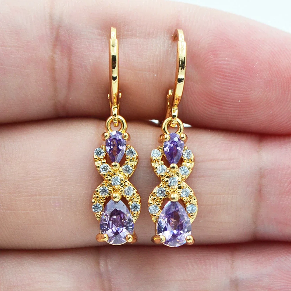 Gold Color Purple CZ Zircon Teardrop Dangle Earrings for Women drop earrings,dangle earrings,long earrings,golden earrings,dome teardrop earrings,ear loops jewelry