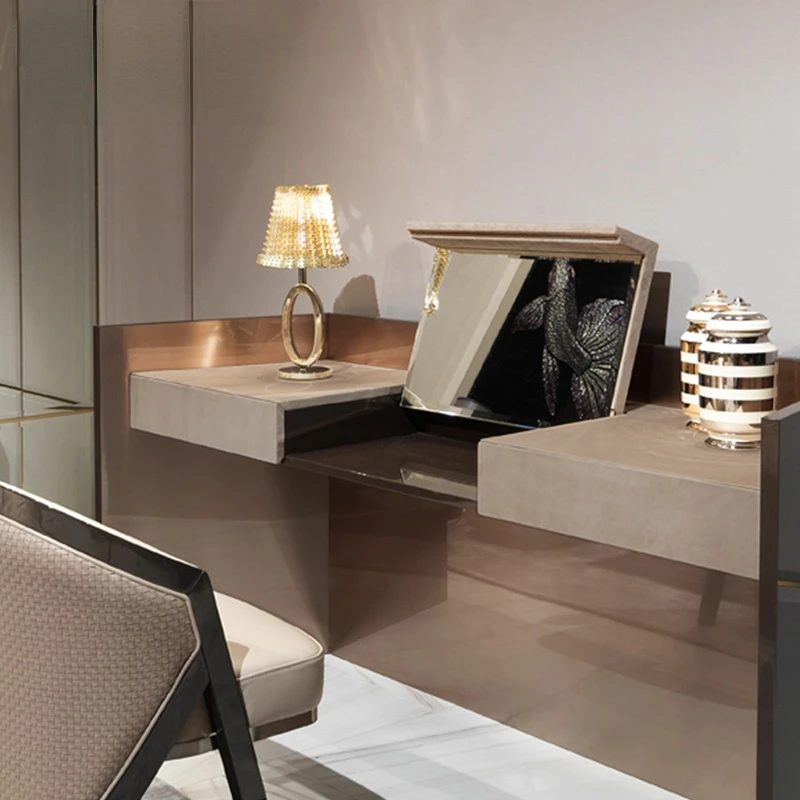 

Light Luxury Dresser Customized Bedroom Simple Black Paint with Mirror Flip Makeup Table Small Apartment Furniture