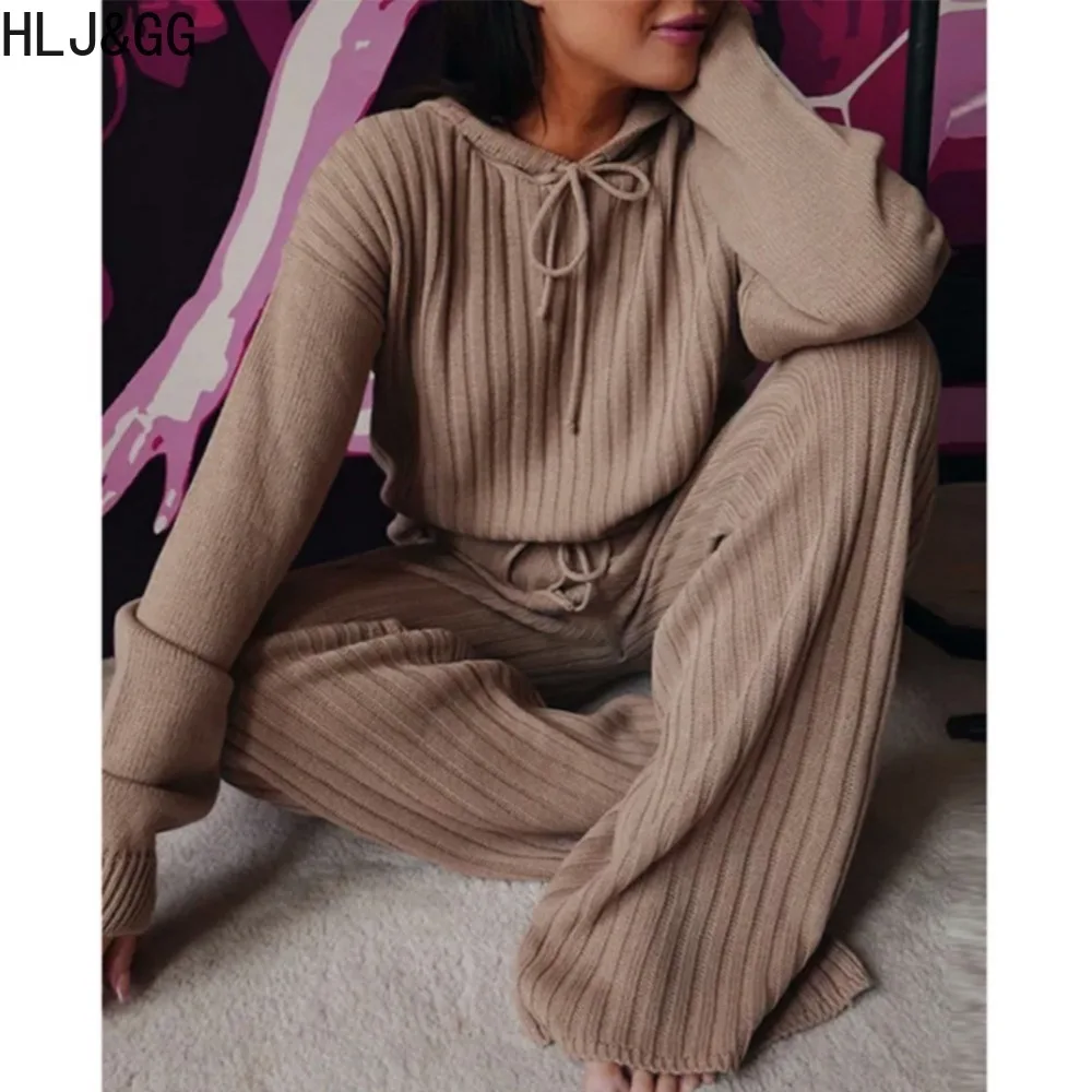 

HLJ&GG Casual Knitting Ribber Solid Two Piece Sets Women Round Neck Long Sleeve Top And Wide Leg Pants Autumn Winter 2pcs Outfit