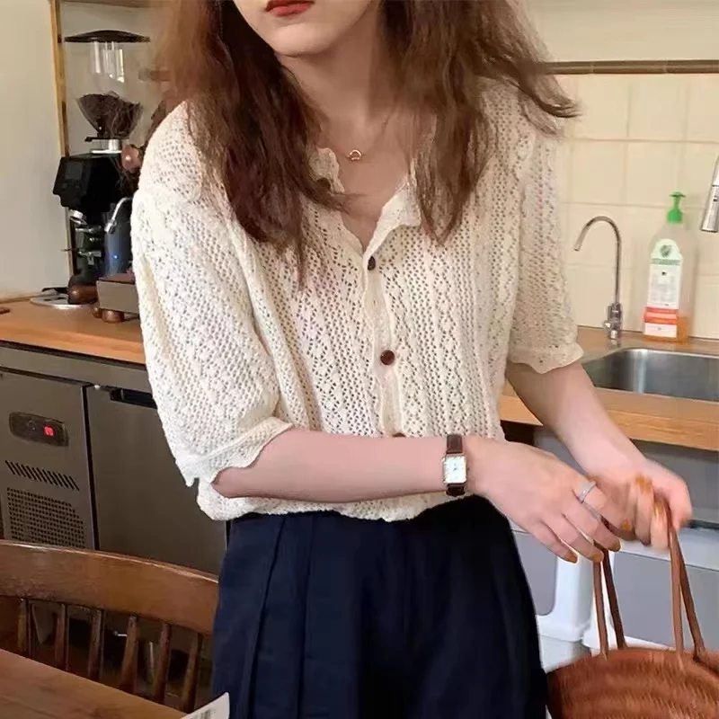 Women Knitted Cardigan Solid Color Hollow Out V Neck Tops