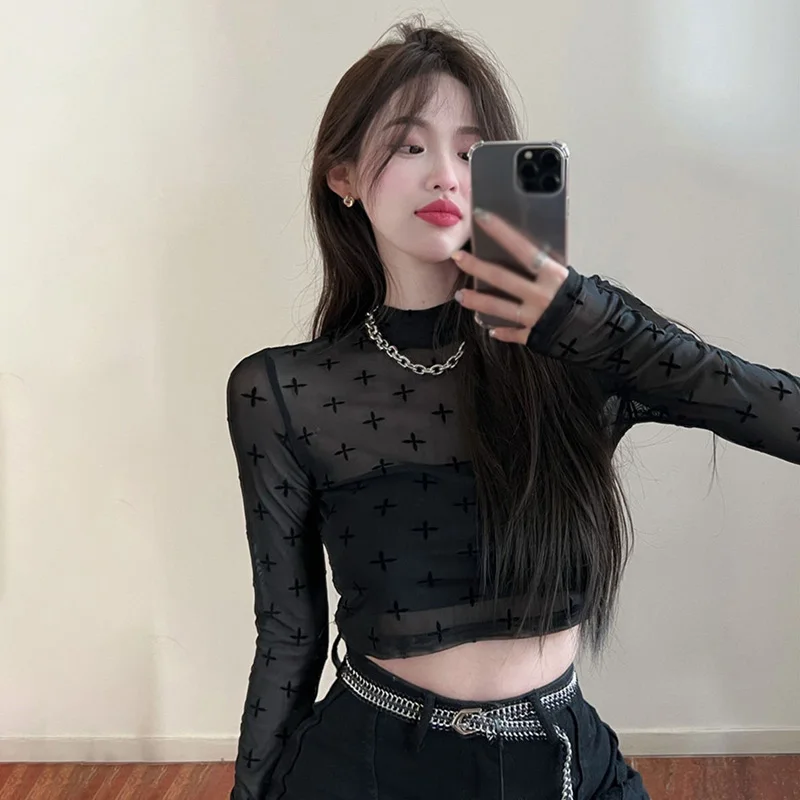 T-shirt da donna slim retrò a rete floreale moda manica lunga stile sexy primavera estate camicette alla moda top sottili femminili435_voghion.com