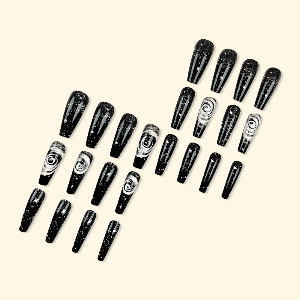 24 Stück/Set Mittellange Künstliche Nägel Quadratische Ballett-Nagelspitzen Glitzernde Sternenhimmel-Mond-Stern-Feder-Design Aufklebenägel Falsche Nagelkunst – Detail 33