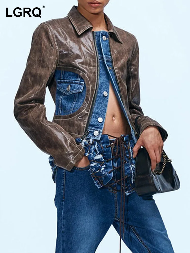

LGRQ Colorblock Patchwork Denim Casual Jackets For Women Lapel Long Sleeve Spliced Single Breasted Streetwear Jacket Female New