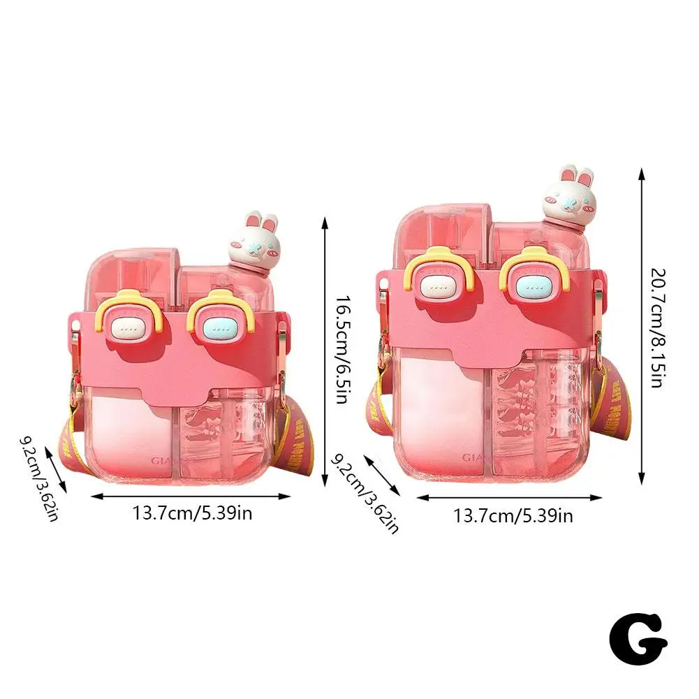 Water Bottle Large Capacity Cute Cartoon Drinking Bottle 530ml Double-Bin Plastic Straw Cup with Adjustable Strap for Kids_voghion.com