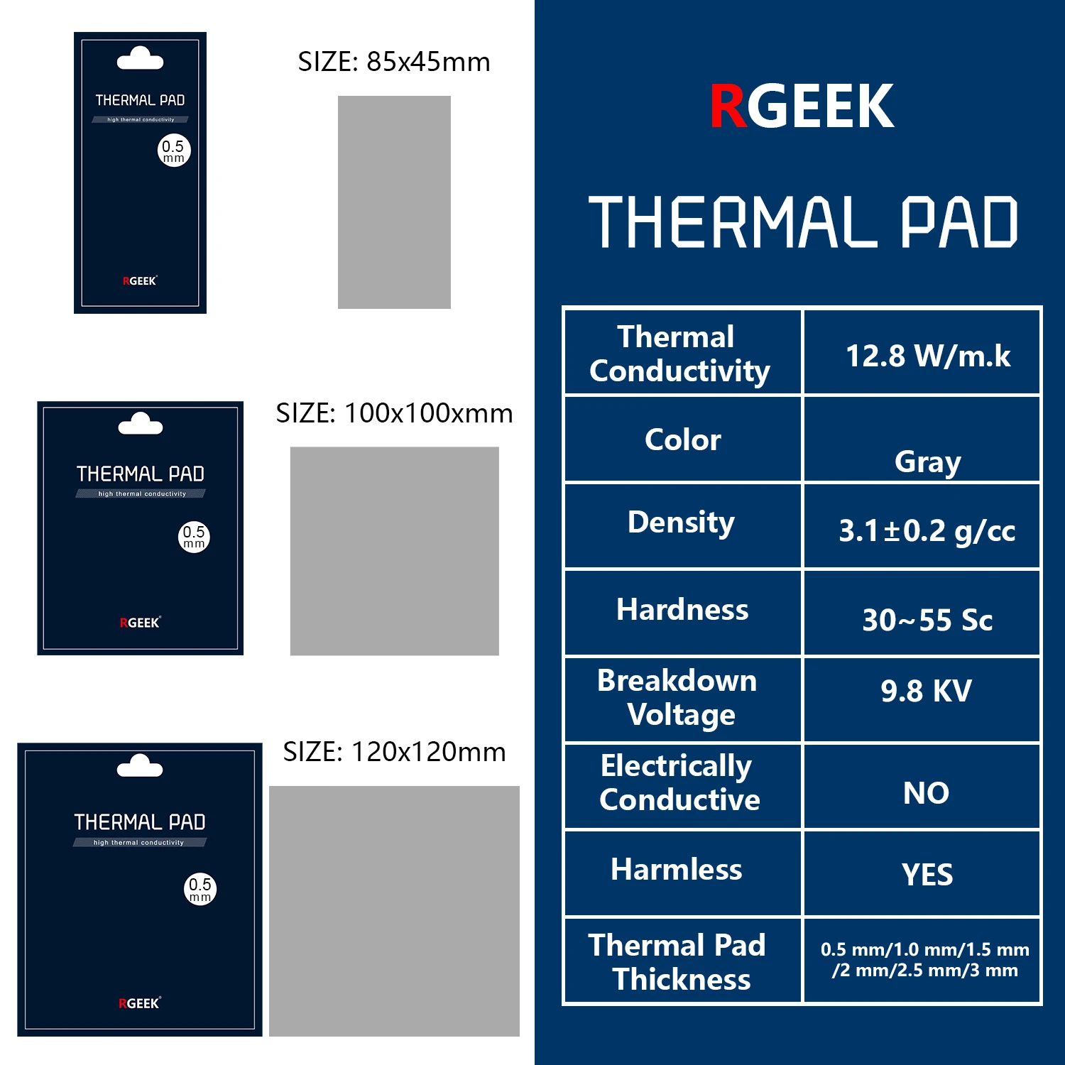 Rgeek GPU CPU 방열판 냉각 전도성 실리콘 패드, 열 패드 페이스트, CPU 열 패드 냉각기, 열 매트, 12 W/mk