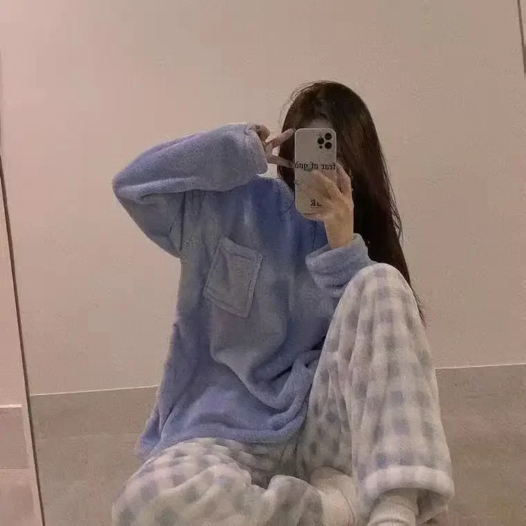 thumbnail image 1 of Conjunto de pijama de dos piezas para mujer, ropa de casa gruesa de invierno, cómodo, informal, Simple, elegante, suelto, nuevo, 1 of 5