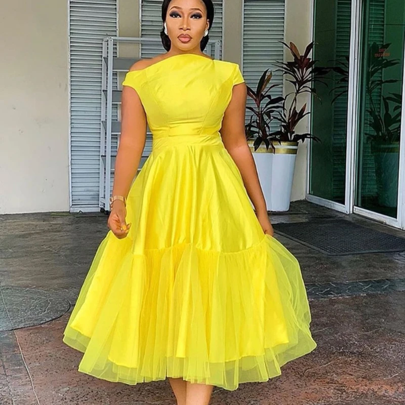 Sexy Evening Party Dress Women Brand Designer Summer 2022 tea-length Off Shoulder Ruffle Yellow Bodycon Dresses Plus Size african wear for women Africa Clothing