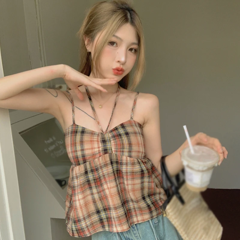 여성용 체크 무늬 홀터 레이스 업 크롭탑, 다용도 민소매 탱크탑, 한국 버전, 달콤한 패션, 여름