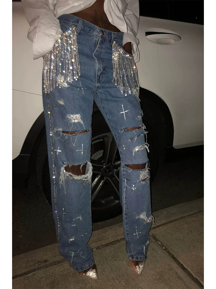 

Women Holes Jeans Beading Decaration Denim Trousers Plus Size Casual Vintage Jean Ripped Shiny Tassel Hollow Out Jean Spring