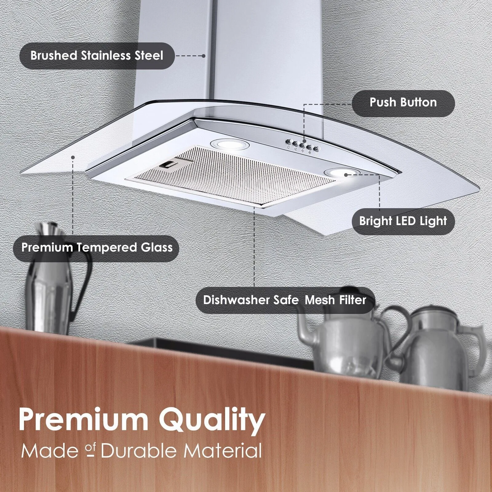 Tieasy 30 inch 450CFM Kitchen Wall Mount Tempered Glass Vented 3-Speed Fan Range Hood USGD3375A 2