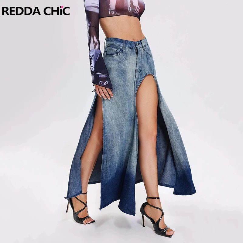 

REDDACHiC Thigh-high Slit Denim Skirt Women Gradient Blue Wash High Waist Asymmetrical Maxi Long Skirt Vintage Y2K Streetwear