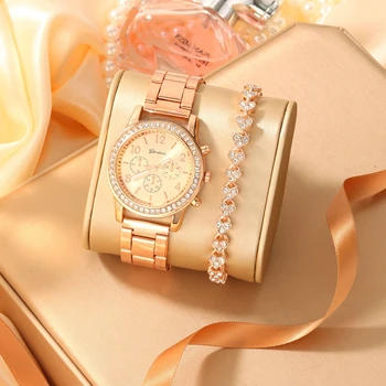 2Pcs Fashion Light Luxury Commuting Campus Style Alloy Women's Quartz Watch Heart Diamond Bracelet Set is an ideal choice for ho 1
