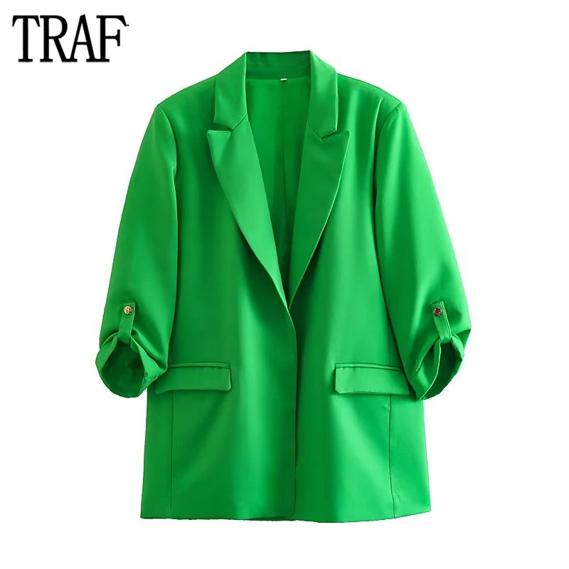 

TRAF Green Open Blazer for Womens Oversize Long Blazer Woman Turn Up Sleeve Jacket Women Streetwear Basics Female Blazers 2023