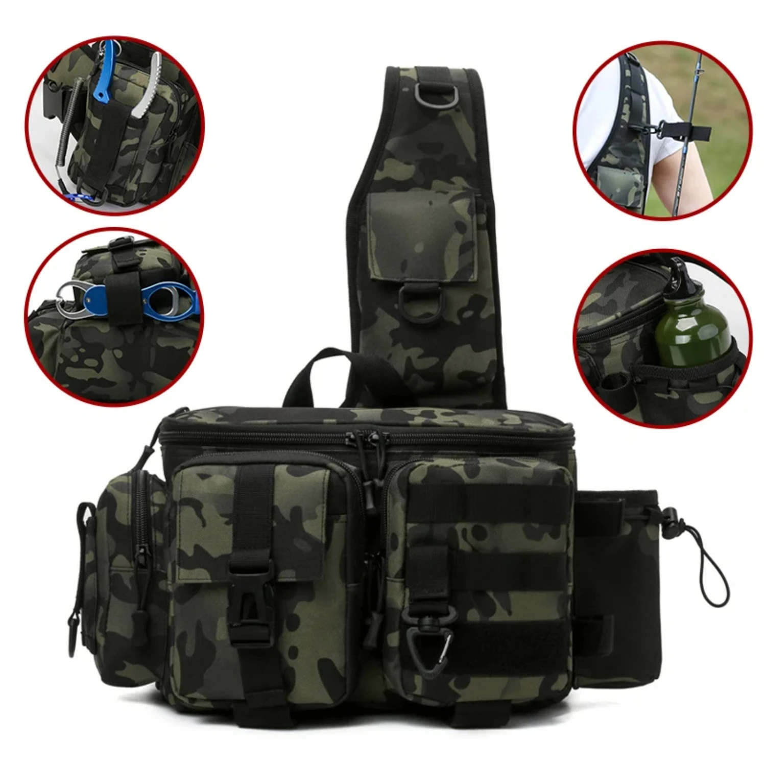 Fishing Fish Lures Gear Rod Molle Outdoor Hiking Camping Travel Men Tactical Waist Pack Large Capacity Shoulder Hunting