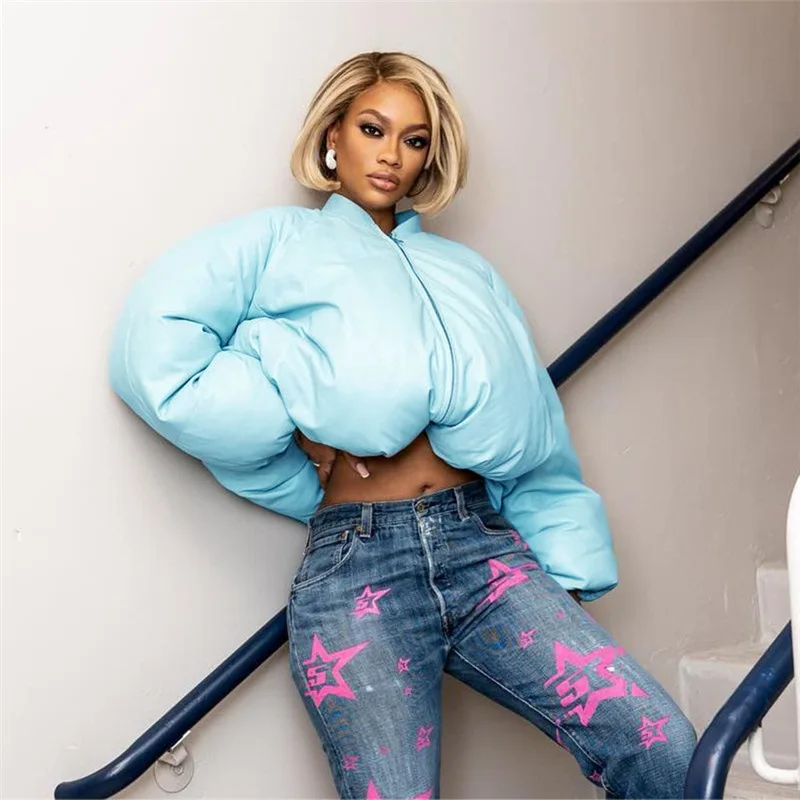 Streetwear Bubble Coat Women Solid Zipper Fly Baggy Bomber Jacket 2023 Winter Warm Thick Downcoat Harajuku High Street Outerwear
