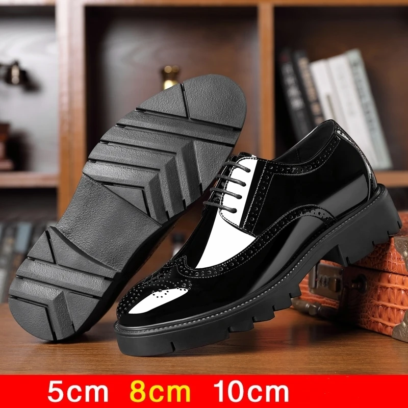 Men's Elevator Shoes 10cm 8cm Luxury Men Brogues Patent Leather Shoes Man Height Increase Insole 10cm Business Wedding Man