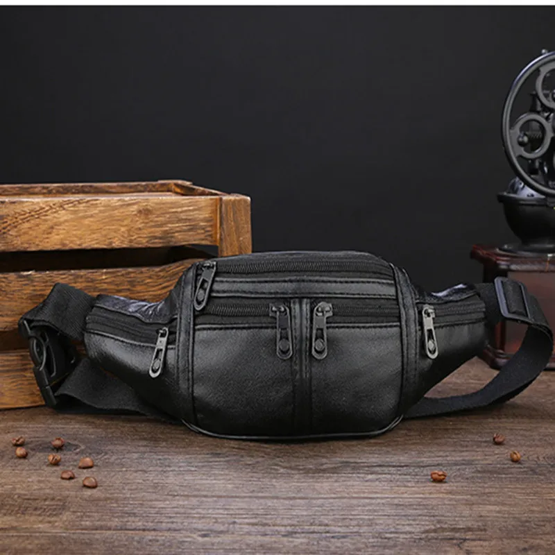 Business Black Men Waist Bag Sports PU Leather Chest Phone Bag Waterproof Outdoor Shoulder Bag Multifunction Male Fanny Pack