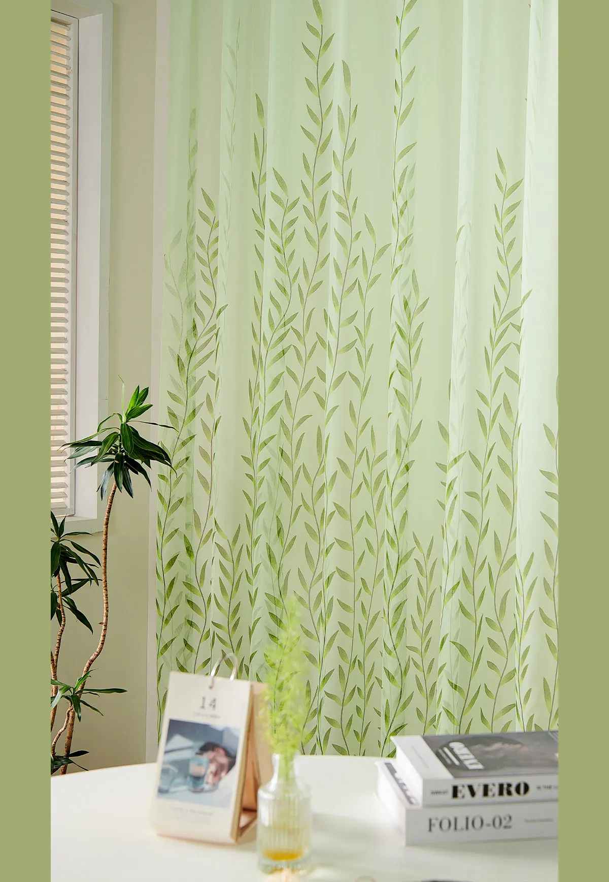 Description Picture 3 of itemLEEJOOM Tulle Curtain Transparent Screen Green Willow Leaf Curtain Offset Printing Process Window Screen  Home Decor