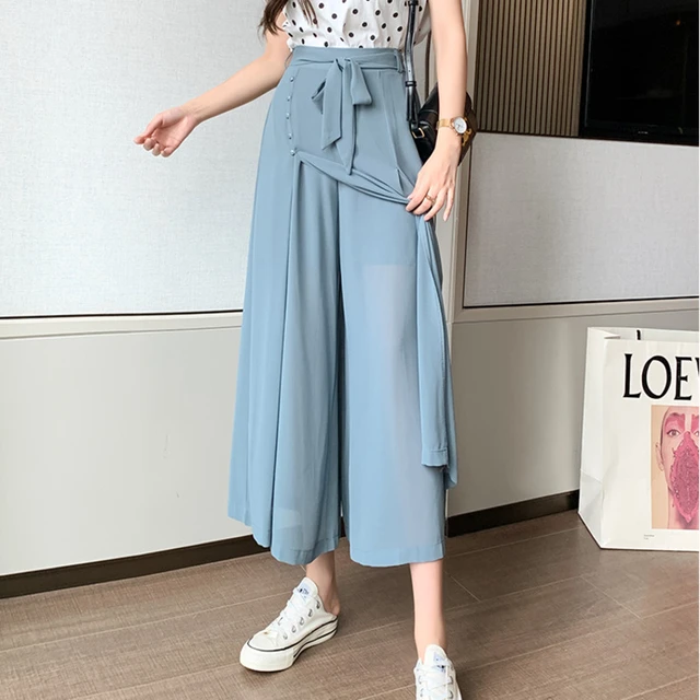 Chiffon Wide Leg Pants Women High Waist Patchwork Hakama Pants