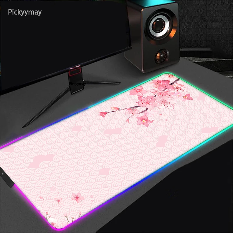 Sakura Grande Mouse Pad Rgb Mousepad Brilho Led Gamer de Computador Teclado pc Desk Mat Acessórios de Escritório Mists de Mesa Rosa