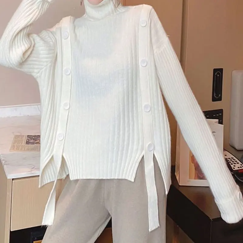 

Autumn Winter New Women's Clothing Pullovers Sweaters Turtleneck Loose Jumpers Tops Irregular Drawstring Solid Color Long Sleeve