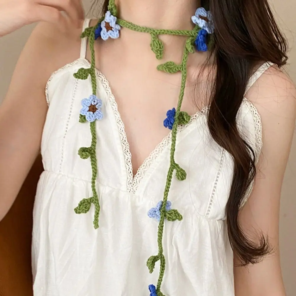 Cool Wool Knitted Scarf Handmade Crocheted Korean Style Rose Flower Shawl Harajuku Style Ribbon Knit Headband Ladies