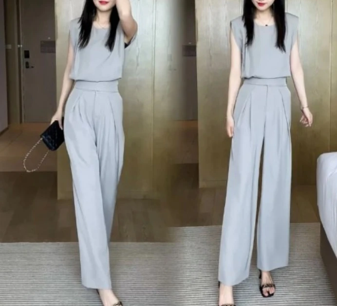 Women's Sports Outdoor Commuting Versatile Temperament Solid Color Elegant Wide Leg Pants Two-Piece Set