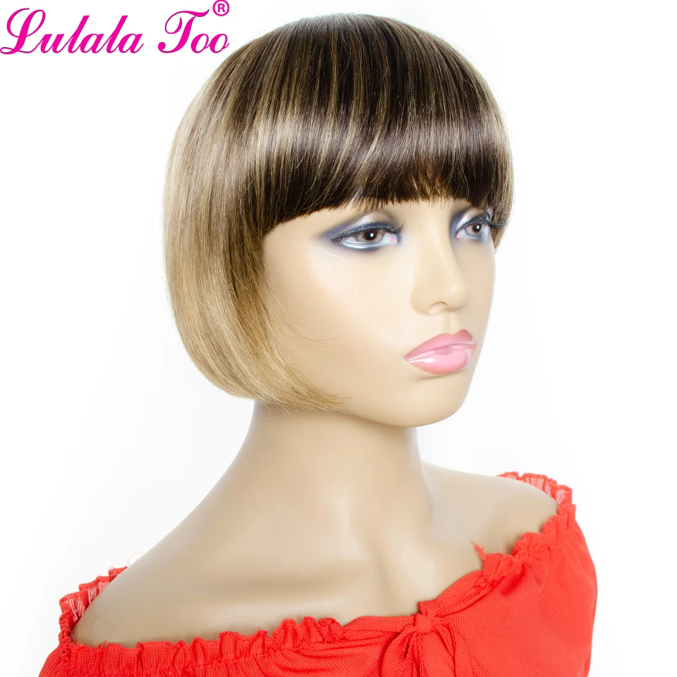 Ombre Straight Human Hair Wigs Brazilian Remy Hair Short Bob Wig With Bangs 4/27 Honey Blonde Full Machine Wigs Yepei