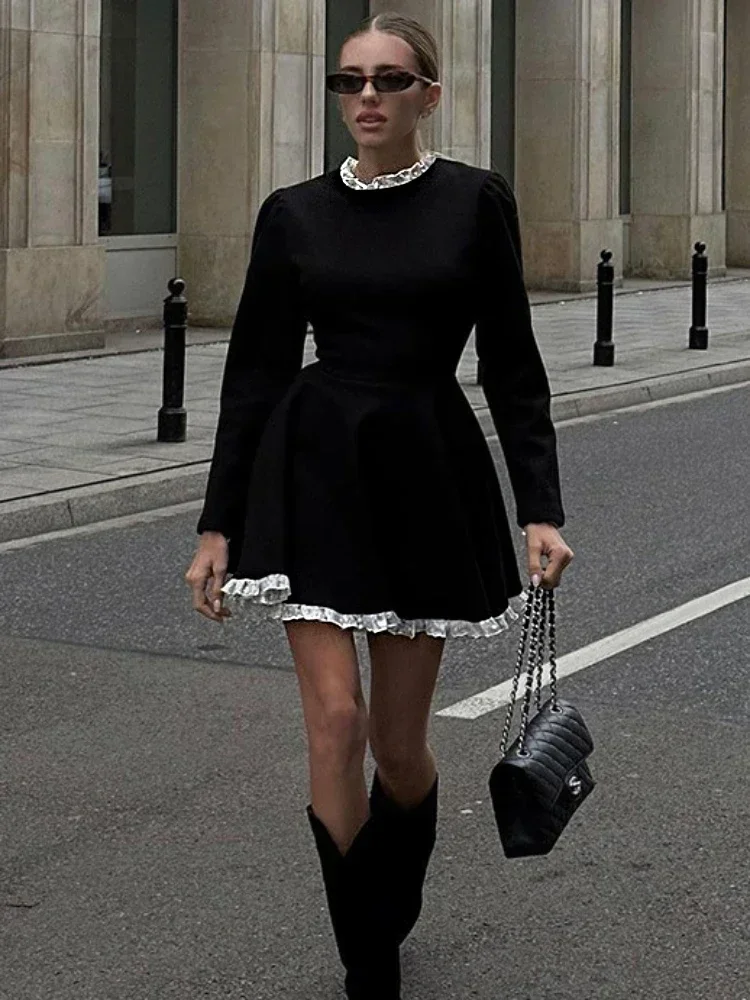 

Splice Lace Mini Dress For Women High Waist Slim Elegant Dresses Femme Wedding Retro Temperament Dress Womens Clothes New