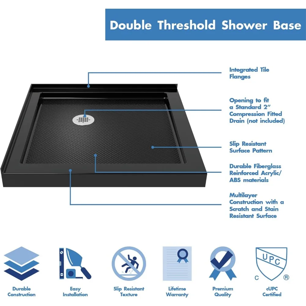 Corner Drain Double Threshold Shower Base in Black, DLT-1032320-88, 32 in. D X 32 in. W X 2 3/4 H Shower Base