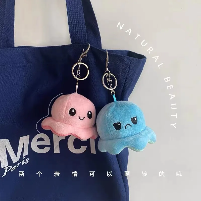 Cute flip change face small octopus pendant schoolbag couple keychain plush charm flip octopus bag accessories couple gift 3