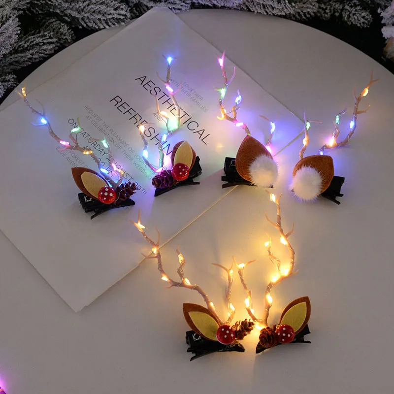 Christmas LED Antler Hair Band Light Cute Elk Hairpin Hair Clip Women Girls Glowing Headwear Xmas Accessories Navidad Decor
