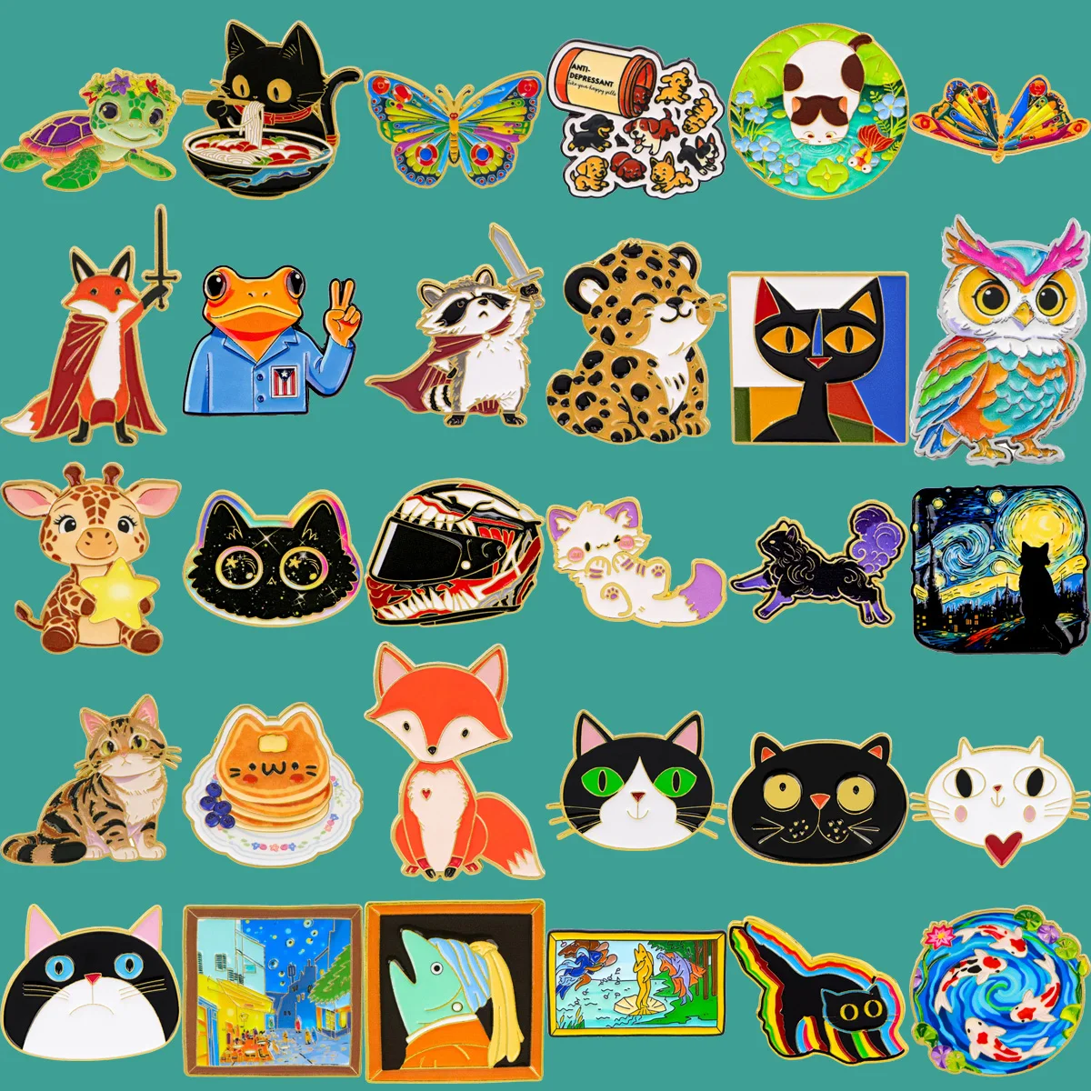 Black Cat Cute Cartoon Enamel Pin Turtle Lapel Pins for Backpacks Animal Badges Fox Brooch for Clothes Jewelry Gifts for Friends