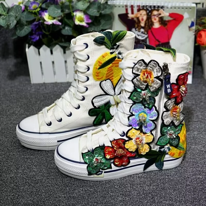 

Sequin flower handmade custom canvas shoes High top lace-up casual sneakers women's 35-40