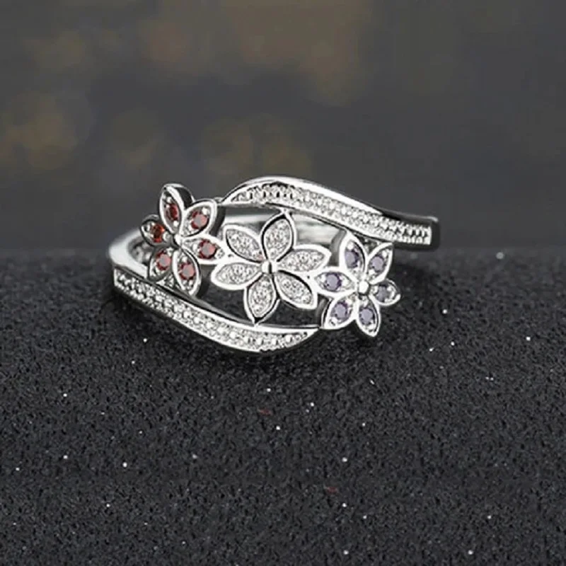 Multicolor CZ Flower Round Ring – .925 Sterling Silver, Sizes 5–9