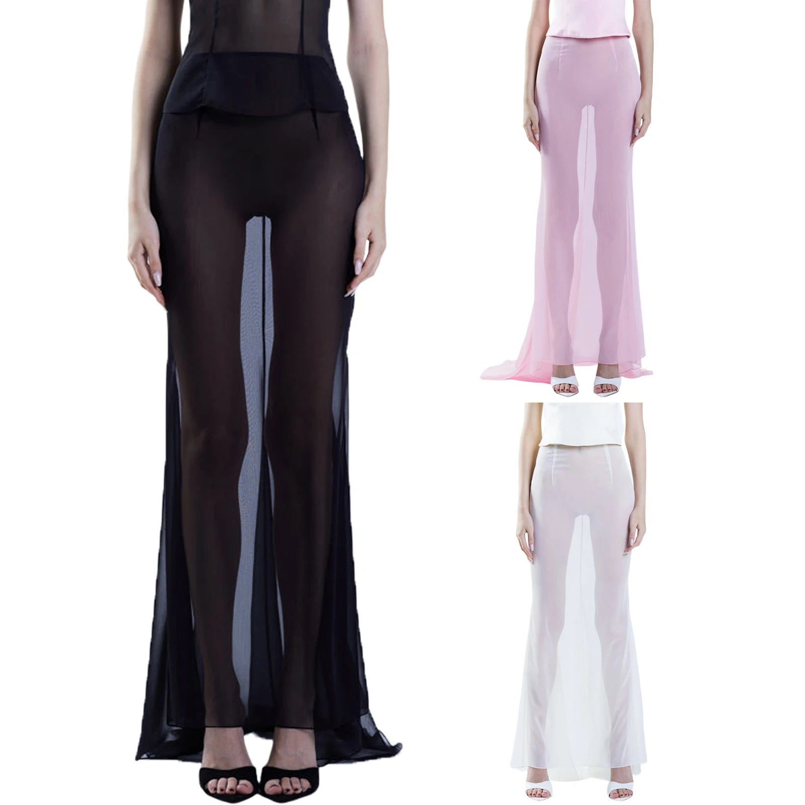 

Women's High Waist Sheer Mesh Long Skirts See-through Solid Color Zip Up Floor Length Fishtail Skirts