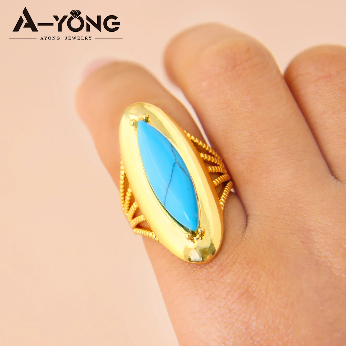 LIWORNAJFO New 2026 Luxury Dubai Gold Turquoise Wedding Ring 21K