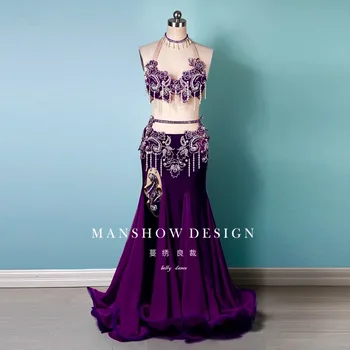 Customized Belly Dance Costume Women's Sexy Lace Decoration Chiffon Hip Hugging Bras Long Skirt Performance Suit Set Clothing