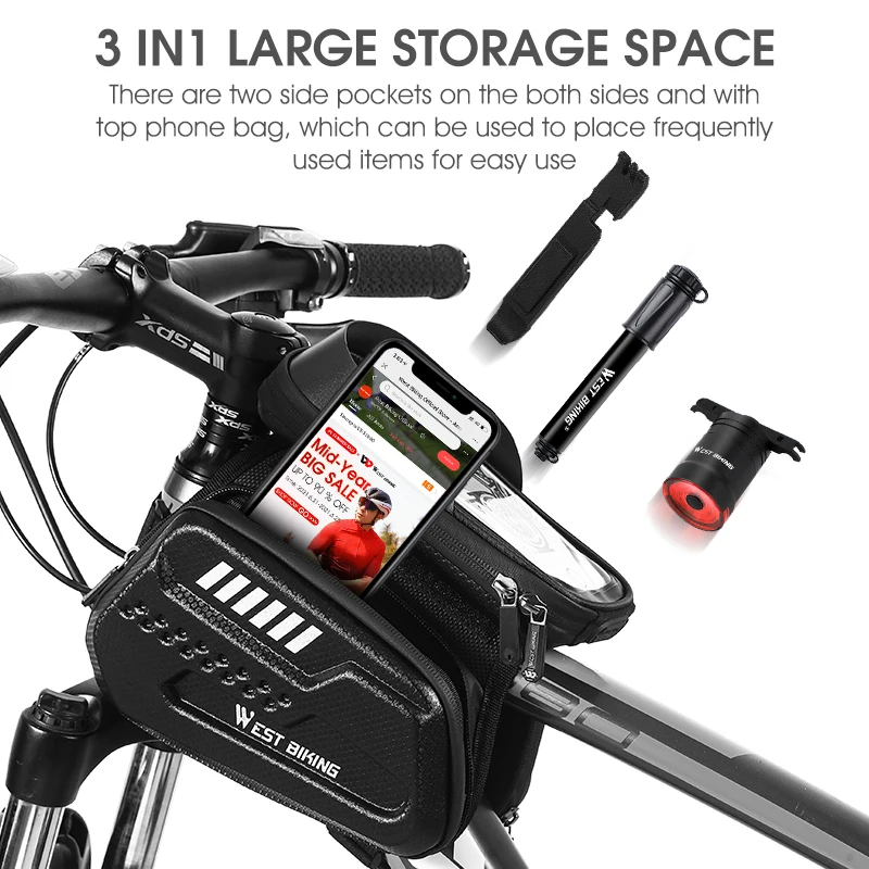 WEST BIKING 3 In 1 Bicycle Top Tube Bag Touch Screen Bike Phone Bag EVA Waterproof Reflective Cycling Frame Bag Bike Accessories