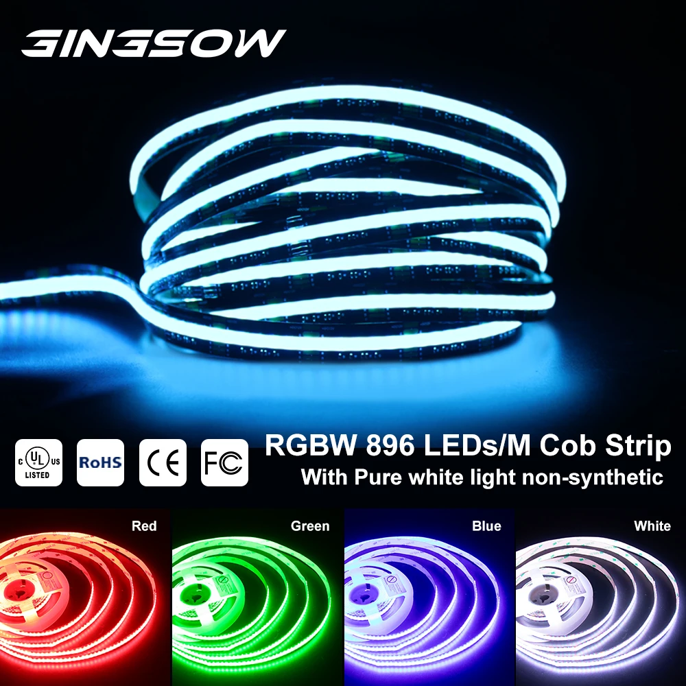 Gingsow RGBW COB LED Strip Lights 896LEDs/M High Density Multicolor Flexible Tape RA90 RGB+White Color Dimmable Light DC 24V