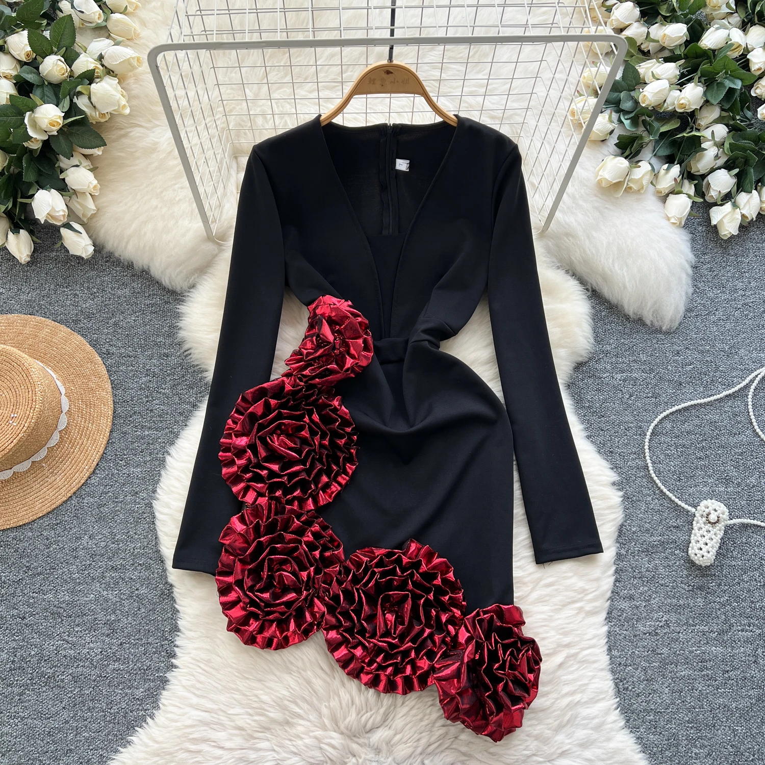 Dress for Women – Evening Dress – Slim Fit – 3D Flowers – Deep V-Neckline