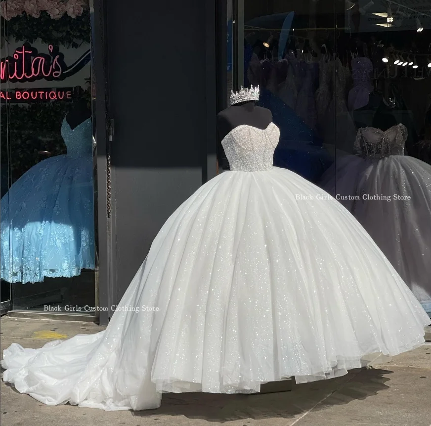 Princess Sweetheart Sheath Quinceanera Dress Elegant White Romantic Diamond Encrusted Sequins Wedding Customised فساتين سهره