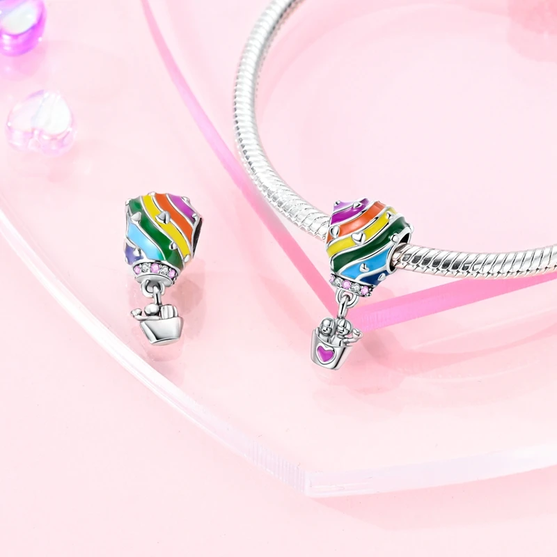 Beads Charms 925 Sterling Silver Romantic Colored Heart-Shaped Hot Air Balloon Charm Fit Pandora Original Bracelet DIY Birthday Jewelry