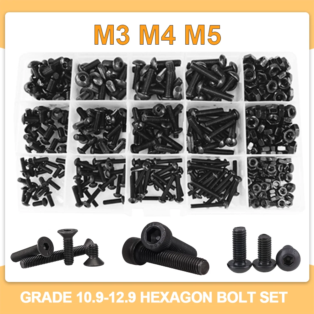 

Hexagon Socket Cap Button Head Machine Grade 12.9 Screws Nuts Kit Countersunk Hex Alloy Steel Bolts10.9 Grade Bolt Set M3 M4 M5