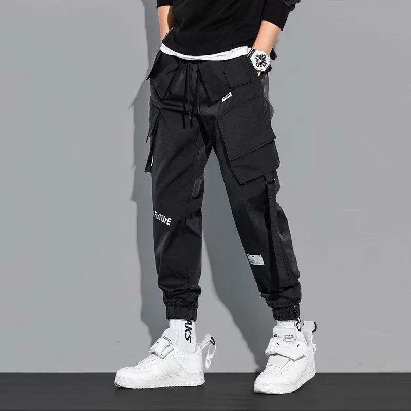 Pantalones cargo para hombre, pantalones apilados para hombre, negros, multibolsillos, estilo hip hop, multibolsillos, spandex, con estilo, holgados y de alta calidad