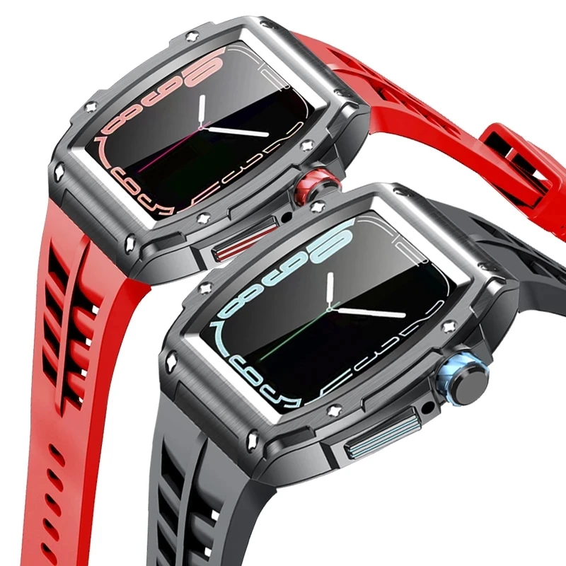 Retrofit Kit Strap For Apple Watch Band 45mm 44mm Rubber Silicone Strap+Stainless Steel Kit Cover For iWatch Series 8 7 6 5 4 SE