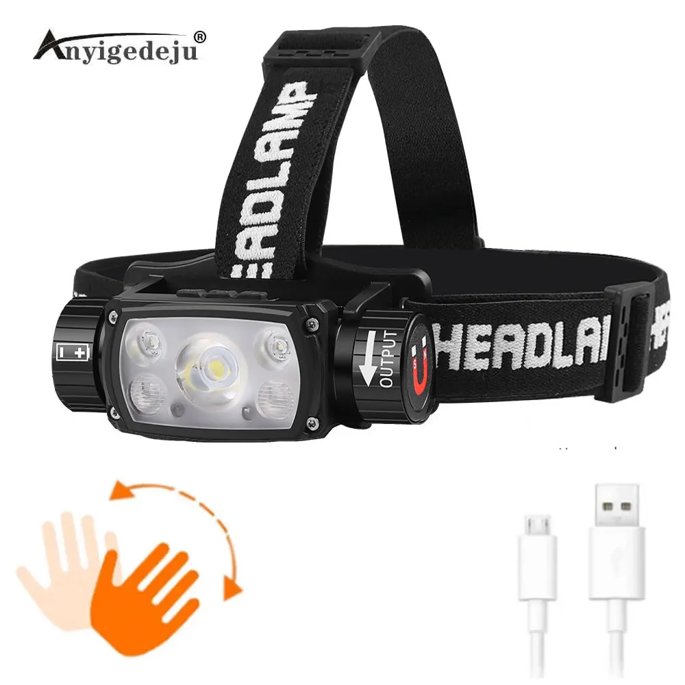 

XHP50 LED Headlamp Sensor Headlight Flashlight 18650 21700 USB Rechargeable Outdoor Head Lamp Torch Red Light Modes Work Lamp