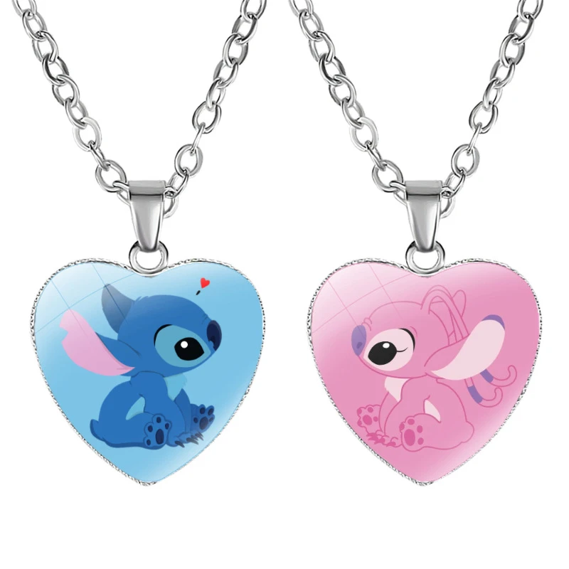 

2023 New Disney Lilo & Stitch Heart Necklace Photo Printed Glass Pendant for Kids Handmade Jewelry Gifts