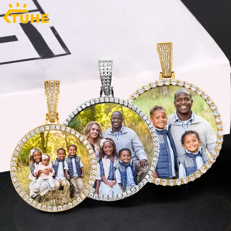 Round Memory Medallions Custom Photo Pendant Necklace For Men Hip Hop Jewelry Large Medium Small Size Pendant Zircon Chain Gift