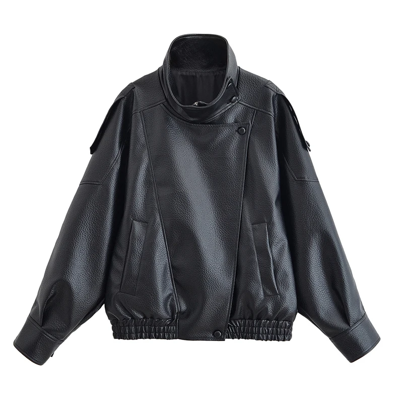 YENKYE European And American Style Black Faux Leather Jacket For